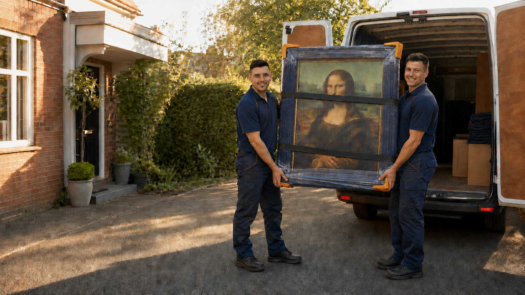 Two friendly AD Safe Transport movers carefully carrying a framed Mona Lisa